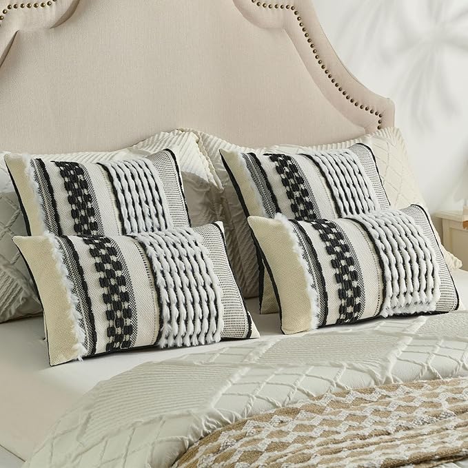 FUTEI Black White Accent Throw Pillow Covers Set of 2, 18x18 Inch Plush Tufted Striped Textured Decorative Cushion Cases for Farmhouse Boho Couch Decor
