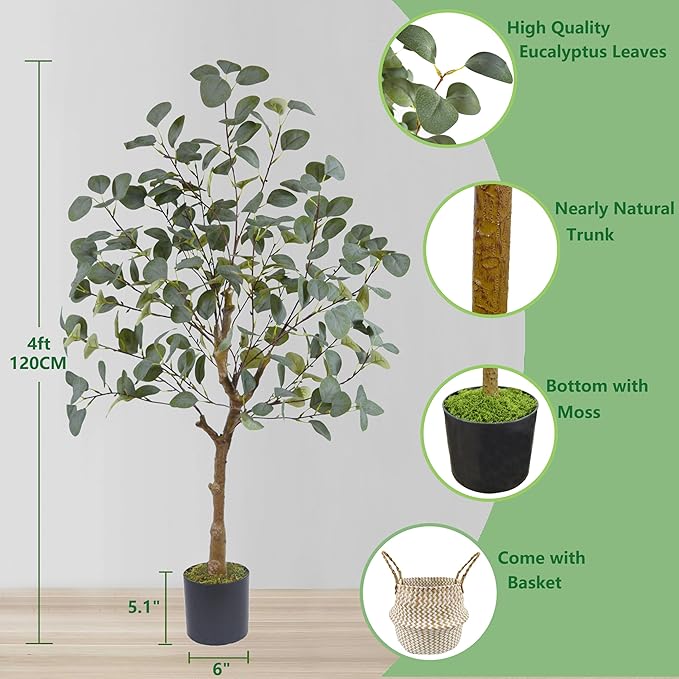 Artificial Eucalyptus Tree, 4ft Tall Green Silk Leaves Perfect Faux Plant with Basket, Mordern Fake Eucalyptus Trees for Indoor Outdoor Home Office Livingroom Floor Décor