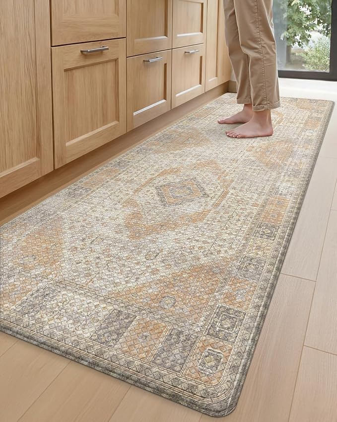 DEXI Kitchen Floor Mats Anti Fatigue, 17x59 Cushioned Vintage Runner Rug Waterproof, Standing Comfort Memory Foam Padded for Front Sink Laundry Office, Beige and Light Orange
