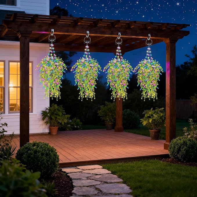 Solar Artificial Flowers Hanging Basket: UV-Resistant Fake Plants Hanging Basket with RGB String Lights for Outdoor Planters - 2 Pack Cone Faux Silk Fowers Basket for Porch Patio Home Garden Decor