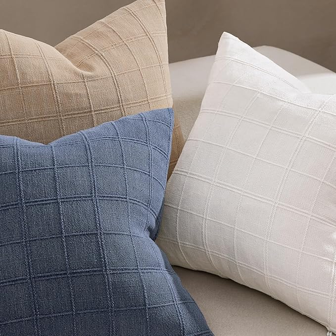 Woaboy Linen Check Throw Pillow Covers 26x26 Inch Set of 2 Euro Blue Farmhouse Modern Boho Vintage Coastal Decorative Cushion Covers for Bed Sofa Couch Bedroom Living Room Home Decor