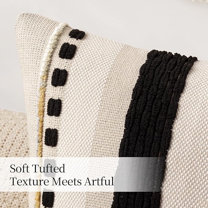 ANRODUO Pack of 2 Boho Decorative Throw Pillow Covers 18x18 Farmhouse Cushion Case Striped Chenille Pillow Cases Square Pillow Covers Accent Neutral Pillowcase for Sofa Couch Bed, Black Stripe