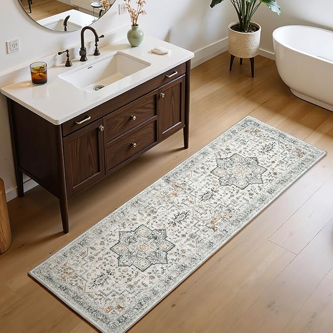 Lessymo Washable 2x6 Runner Rug for Hallway Entryway, Non Slip Kitchen Area Rugs Indoor Mat for Bedroom Bathroom Laundry Farmhouse, Soft Vintage Floor Carpet Stain Resistant Low Pile, Grey/Brown