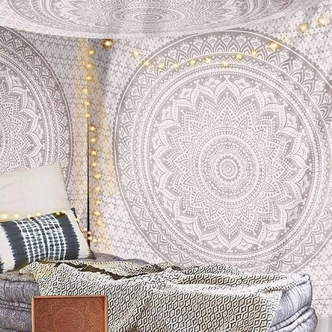 ANJANIYA Ombre Wall Hanging Bohemian Tapestry, Metallic Wall Art Bedspread, Psychedelic Hippie Mandala Dorm Décor for Hanging, Bedding, Beach Coverlet Curtain, Silver, 54"X60"