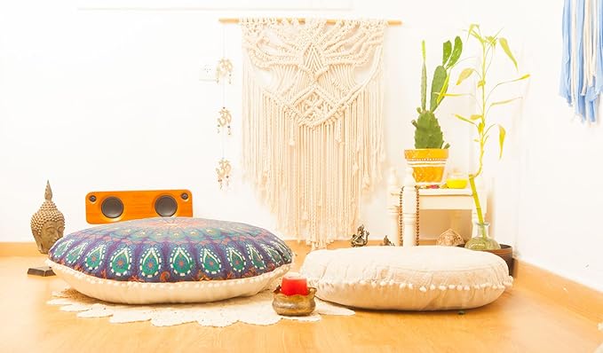 Mandala Life ART Bohemian Yoga Décor Floor Cushion Cover - Round Mediation Pillow Case - Hand Printed Organic Cotton Pouf (Pouf Cover 30", Blue Peacock)