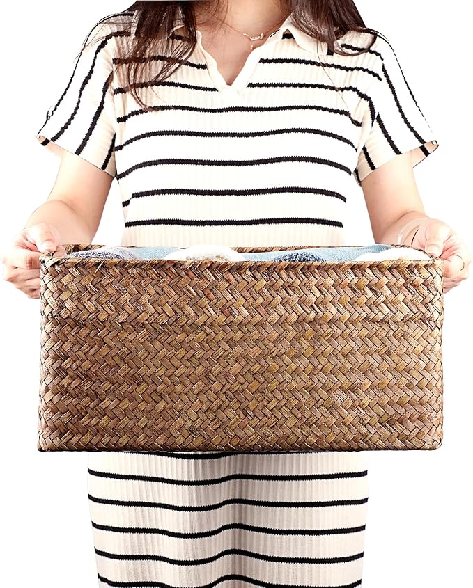 Hipiwe Seagrass Storage Baskets Bin for Shelf Handwoven Wicker Baskets Built-in Handles Rectangular Closet Bedroom Organizer Box Multipurpose Storage Basket Organizer,16.1"L x11.8"W x7.7"H