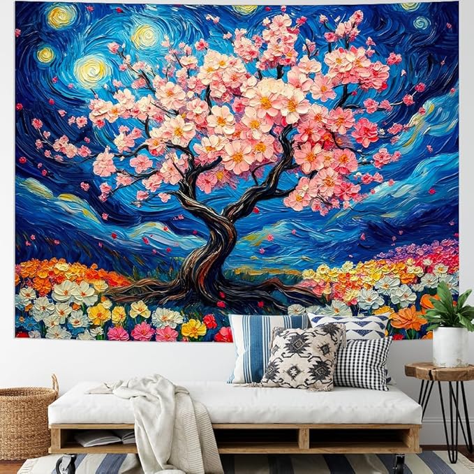 Amhokhui Starry Sky Tapestry Cherry Blossom Tree Tapestry Japanese Anime Tapestries Colorful Floral Flower Tapestries Aesthetic Art Fantasy Landscape Wall Hanging Decor for Home