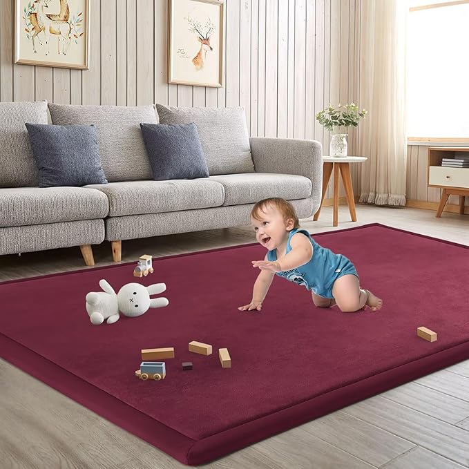 Baby Play Mat for Floor Nursery Muscle Mat Area Rug Playroom Rug 50"x50" Memory Foam 1.3" Thick Crawling Mat for Babies,Toddlers, Infants,Kids (Burgundy)