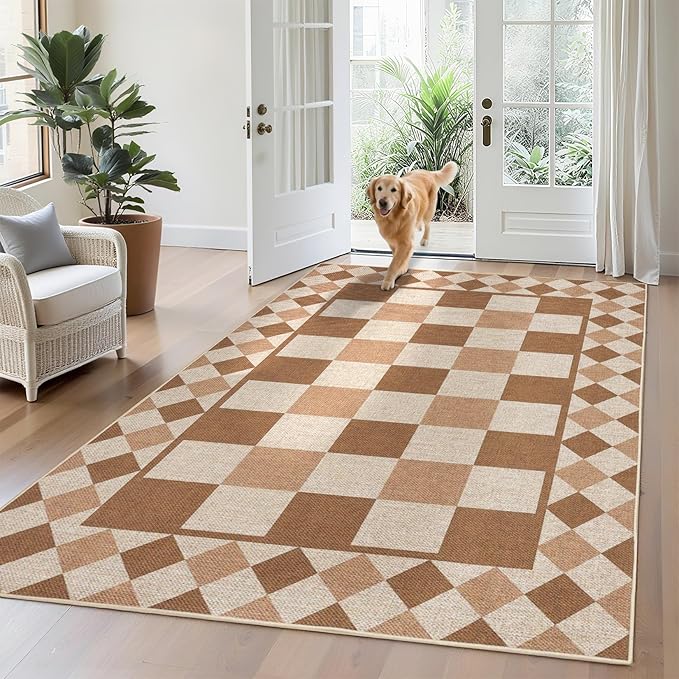 GarveeHome Easy Jute Rug 8x10 Washable Rugs for Living Room Bedroom Checkered Indoor Outdoor Rug for Patio Non-Slip No Shed Jute Rugs Geometric Carpet for Farmhouse Dining Room Backyard, Brown