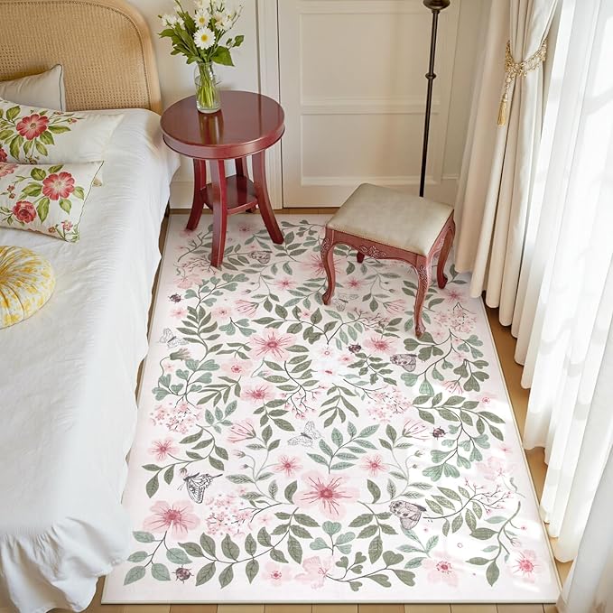 Lahome Reverie Pink Floral Rugs for Girls Bedroom 5x7, Washable Soft Nursery Decor Shabby Chic, Non-Slip Thin Carpet for Kids Room, Baby Girl Nursery, Dorm, Cozy Reading Nook