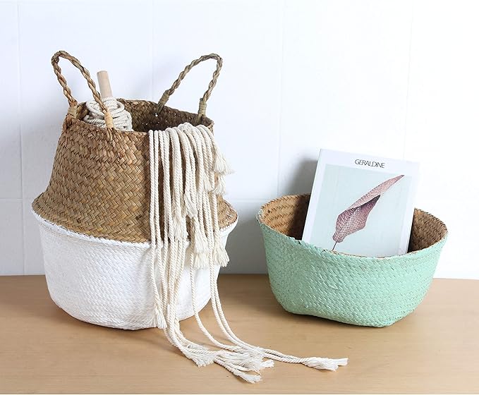Woven Seagrass Belly Basket for Storage, Laundry, Picnic, Plant Pot Cover, and Grocery and toy storage (Small, Black)