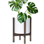 D'vine Dev Planter Pot with Stand - 10 Inch Plastic Cylinder Flower Pot with Wood Planter Holder for Indoor, Matte White Pot + Walnut Color Stand, 55-C-L-1
