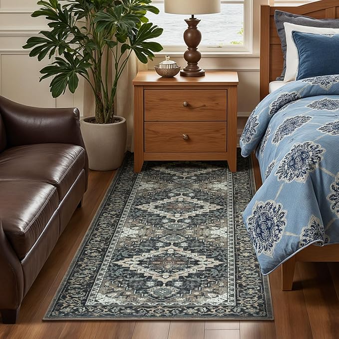 Lessymo Washable Runner Rug for Hallway, Black Brown 2.6 x 8 Entryway Rugs Boho Faux Wool Low Pile Long Rug for Bedroom, Floral Medallion Vintage Rugs with Non-Slip Rubber