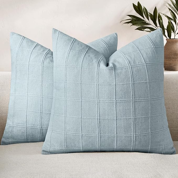 Woaboy Linen Check Throw Pillow Covers Light Blue Farmhouse Modern Boho Vintage Coastal 18x18 Inch Set of 2 Decorative Cushion Covers for Sofa Couch Bedroom Living Room Home Decor