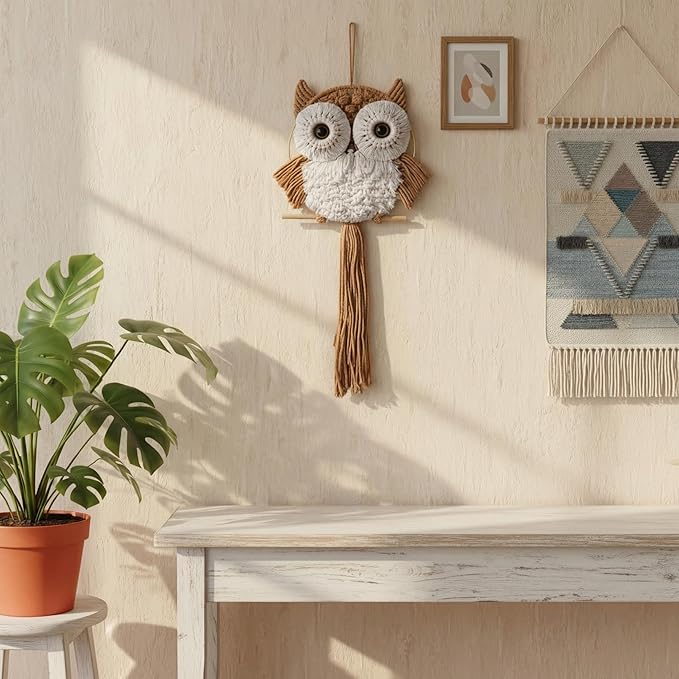 ACEDSGN Macrame Owl Wall Hanging Boho Hippy Decor, Handmade Tapestry Fiber Art Wall Decor for Nursery Bedroom Living Room, Sustainable Gift for Owl Lovers & Nature Fans