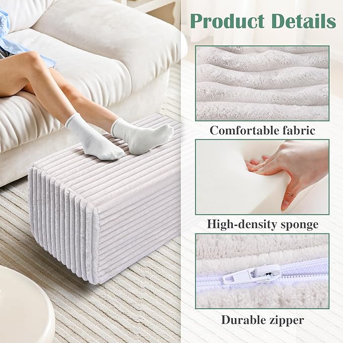Rectangular Pouf Ottoman, Stuffed Floor Pouf with Foam Chunk Filling, Soft Coral Fleece Furry Foot Rest Stool, Multi-Use Ottoman for Living Room, Wide Stripe Boho Decor, White