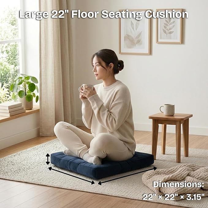 Floor Pillow for Sitting, Large Velvet Floor Seating Cushion for Adults, Tufted Big Pillow for Meditation, Yoga & Living Room, Machine Washable, 22x22 Inch, Navy