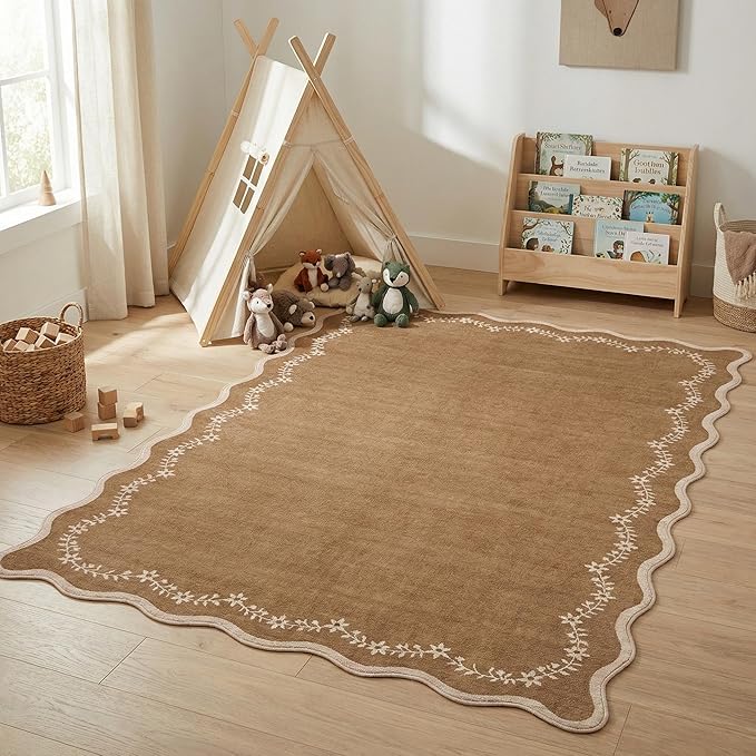 GarveeHome 4x6 Brown Scalloped Washable Area Rug for Nursery Room, Solid Floral Soft Nursery Rug Non Slip Low Pile Small Carpet Stain Resistant Throw Rug for Dorm Kids Room Office Dining Room