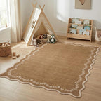 GarveeHome 4x6 Brown Scalloped Washable Area Rug for Nursery Room, Solid Floral Soft Nursery Rug Non Slip Low Pile Small Carpet Stain Resistant Throw Rug for Dorm Kids Room Office Dining Room