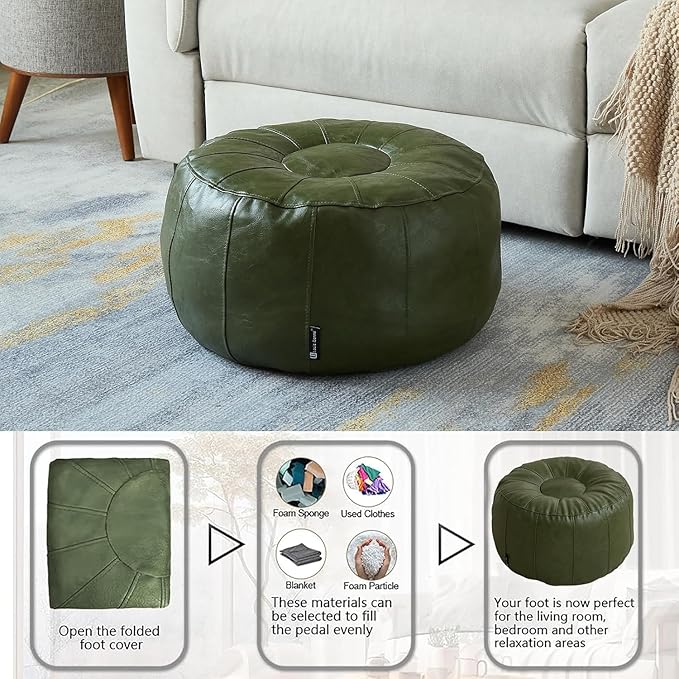 Louis Donné Waterproof Unstuffed Pouf Ottoman for Foot Rest DIY Faux Leather Moroccan Retro Stytle no Filler Cover Storage for Books Home docoration Pet priendly (Only Cover)(Lucky Green)