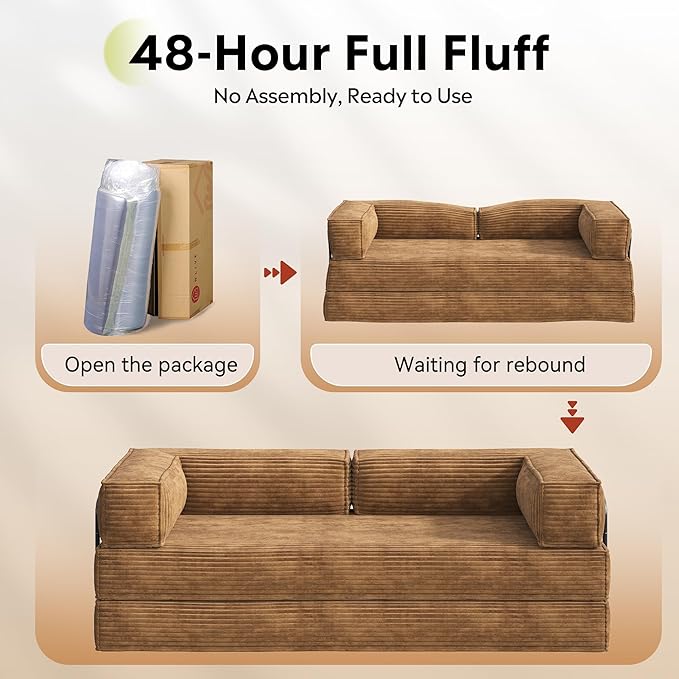 WLIVE 87'' Futon Sofa Bed, Convertible Sleeper Sofa, Folding Pull Out Couch Boneless Mattress with Fixed Frame, Corduroy, with Storage Pocket, Brown