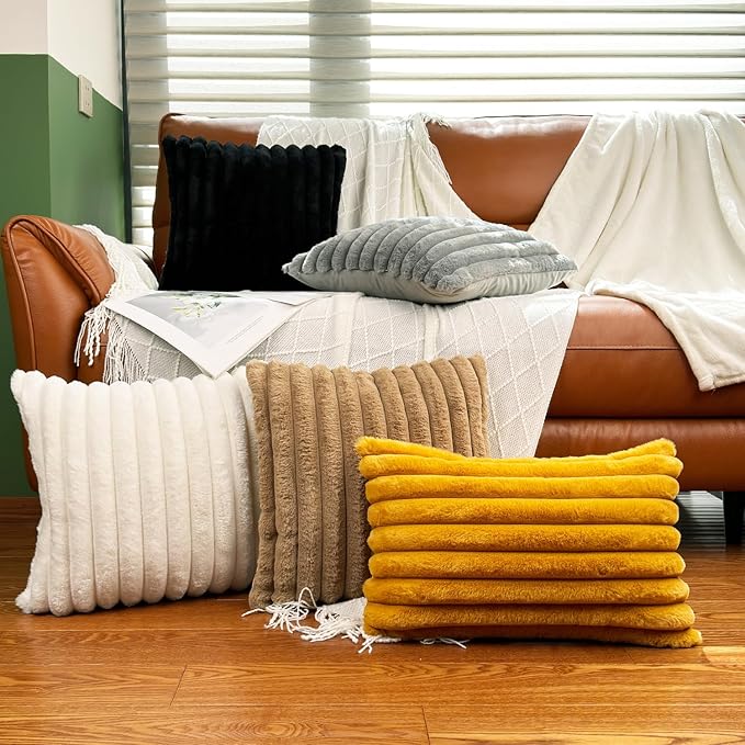 18x18 Throw Pillow Covers Set of 2, Decorative Faux Fur Covers for Bed, Couch Soft Fluffy Pillow Cover with Velvet Back for Living Room, Neutral Home Décor Accent for Sofa - Cream White