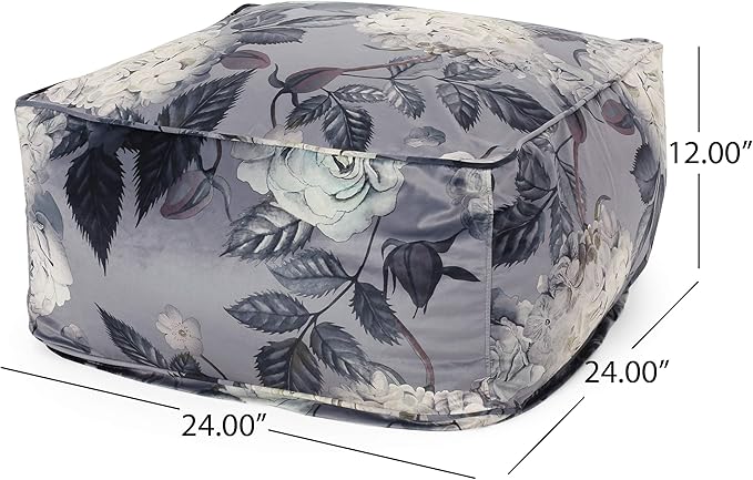 GDFStudio Traditional Velvet Flower Print Cube Pouf Ottoman Foot Stool - Bean Bag Floor Chair - Foot Rest Couch for Living Room Bedroom,Large Flower Print on Gray,24"" x 24"" x 12"", 314502N