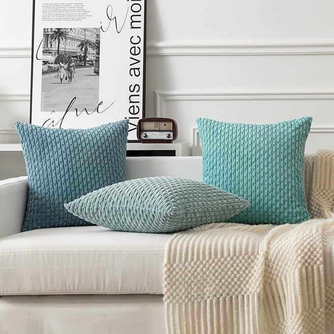 Kevin Textile 12x24 Inch Pillow Cover 1 Pack Boho Decorative Soft Striped Corduroy Lumbar Farmhouse Color Accent Rectangle Cushion Case for Living Room Couch Sofa Bed, Aqua Green