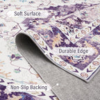 Amearea Vintage Design Area Rugs for Living Room, 5x8 Machine Washable Floral Collection Traditional Bedroom Rug, Low Pile Cute Kids Room Print Carpet, No Slip Office Kitchen Home Decor, Purple