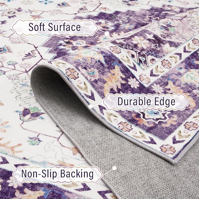 Amearea Vintage Design Area Rugs for Living Room, 5x8 Machine Washable Floral Collection Traditional Bedroom Rug, Low Pile Cute Kids Room Print Carpet, No Slip Office Kitchen Home Decor, Purple