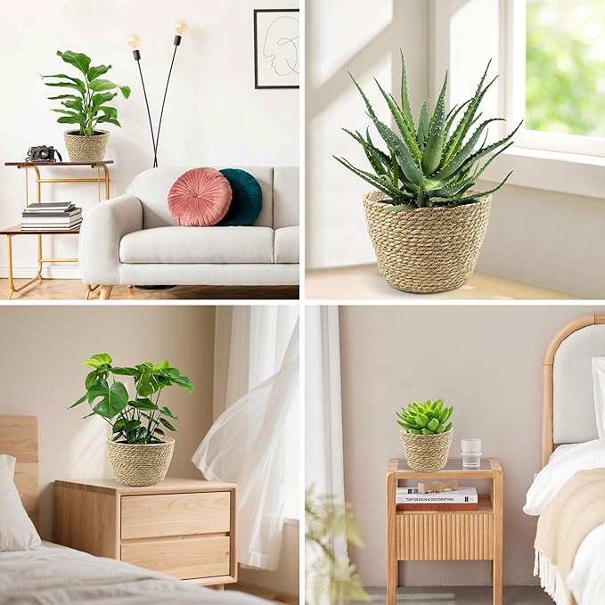 KJET 3PCS Seagrass Planter Basket with Plastic Liner, Boho Woven Plant Pots for Indoor Outdoor, Flower Baskets Containers for Garden and Home Decor