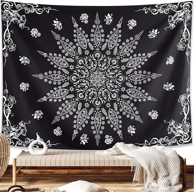 KJHL Floral Bohemian Tapestry Black and White Flower Aesthetic Tapestry Mandala Room Decor Wall Hanging Boho Tapestries for Bedroom Dorm(Black, 44" x 60")