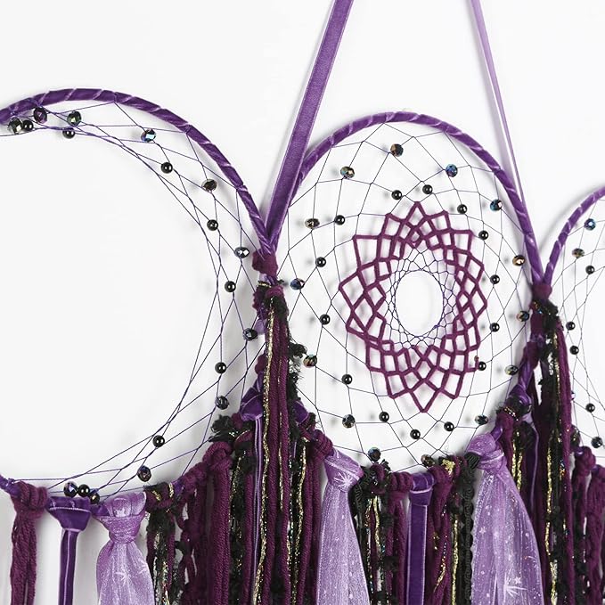 ANROYE Purple Triple Moon Goddess Macrame Wall Hanging, Boho Wiccan Crescent Dream Catcher, Bohemian Dreamcatcher for Women,Woven Pagan Tapestry Decor for Bedroom Witch Decoration