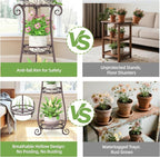iDavosic.ly 3 Tier Metal Plant Stand Indoor Outdoor, Wrought Iron Corner Tall Flower Pot Holder Shelf, 34 Inch Vertical Heavy Duty Display Rack for Patio Porch Living Room Garden, Bronze