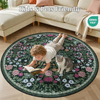 Round Area Rug for Living Room: 4 ft Floral Washable Circle Rug Soft Boho Non-Slip Carpet Indoor Stain Resistant Low Pile Small Circular Rug for Bedroom Entryway Kitchen Nursery Home Office Dark Green