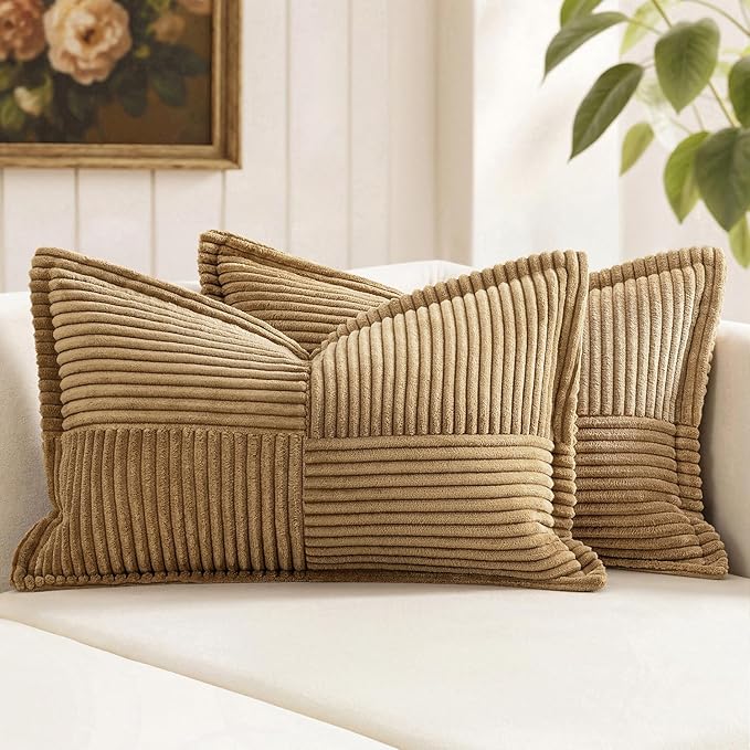 MIULEE Decorative Lumbar Throw Pillow Covers for Couch Bed Livingroom 12x20 Inch Set of 2 Brown Boho Accent Throw Pllows Broadside Striped Patchwork Soft Corduroy Pillowcases