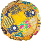 Indian Handmade Patchwork Codework Yellow Round Pouf Cover Ottoman Floor Pillow Cushion Seating Throw Decorative Pom Pom Pillow Cases Boho Hippie Bohemian 32 Inches