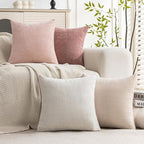 Set of 4 Soft Textured Decorative Throw Pillow Covers 18x18 Inch Cozy Farmhouse Cushion Cover Square Accent Pillow Cases for Bed Couch Sofa Living Room, White Beige Pink