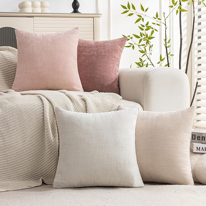 Set of 4 Soft Textured Decorative Throw Pillow Covers 18x18 Inch Cozy Farmhouse Cushion Cover Square Accent Pillow Cases for Bed Couch Sofa Living Room, White Beige Pink