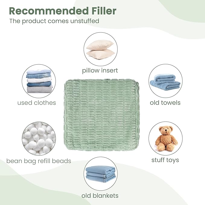 AELS Unstuffed Farmhouse Pouf Cover for Living Room, Boho Storage Bean Bag Cubes, Sage Green Soft Corduroy Plush Sripe Square Ottoman Pouf Foot Rest Footstool, 18"x18"x18", Cover ONLY