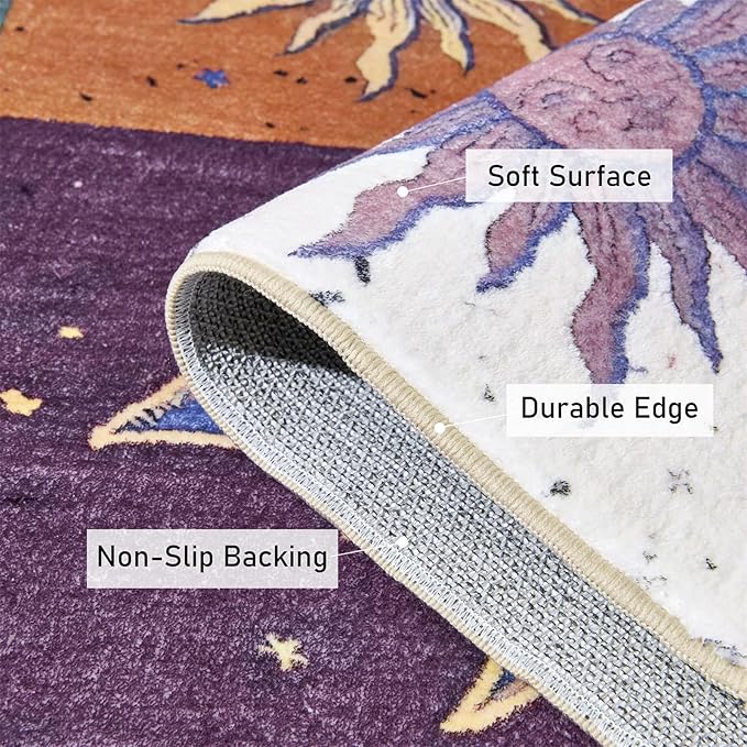 Boho Sun and Moon Washable Rug Ultra Thin, Vintage Mystical Celestial Checkerboard 4x6 Area Rug for Living Room Entryway Kitchen Dorm, Hippie Retro Aesthetic Cute Trendy Indie Bedroom Accent Carpet