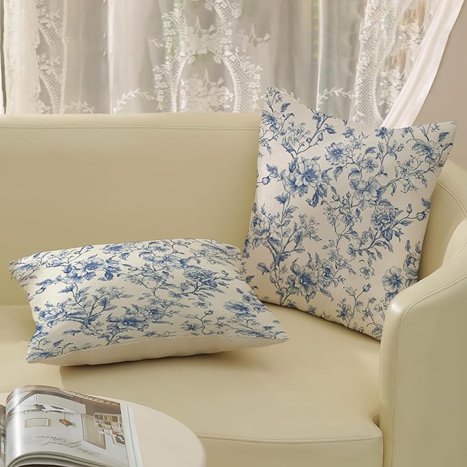 Blue Pillow Covers 16x16 Set of 2 Blue and Cream Floral Chinoiserie Throw Pillows Vintage Rustic Toile Flower Decorative Pillow Cases Outdoor Chinoiserie Decor Cushion Case for Couch Bed Sofa