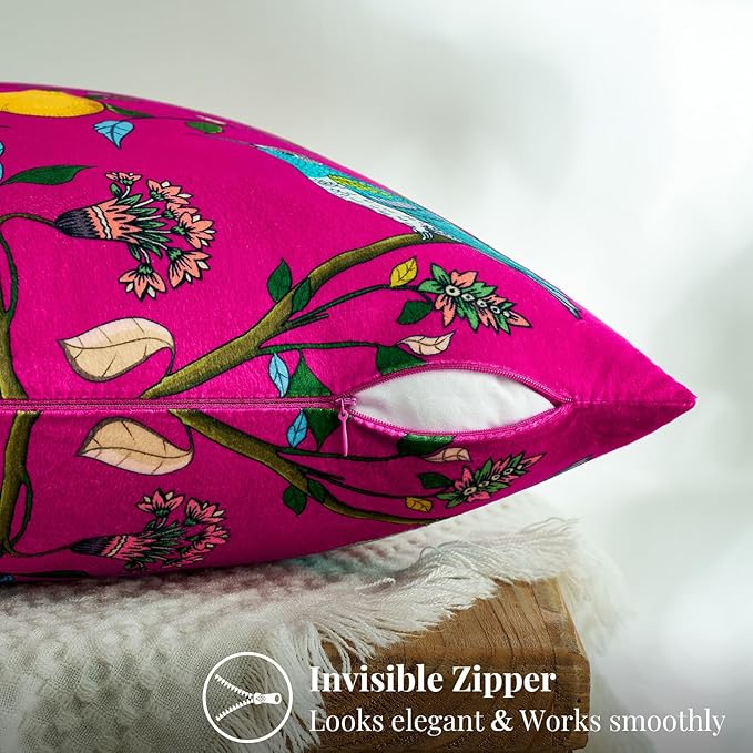 MUSSEL Hot Pink Floral Pillow Covers 18x18 Set of 2, Velvet Wild Flower Plant Throw Pillows Case, Square Farmhouse Decor Cushion Covers for Home Sofa Bed Couch