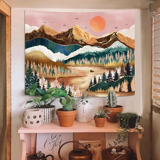 Zussun Mountain Tapestry Nature Forest Tree Tapestries for Bedroom Aesthetic Sunset Tapastry's Wall Hanging Orange and Green Landscape Wall Tapestry for Living Room Dorm (Orange, 60'' × 44'')