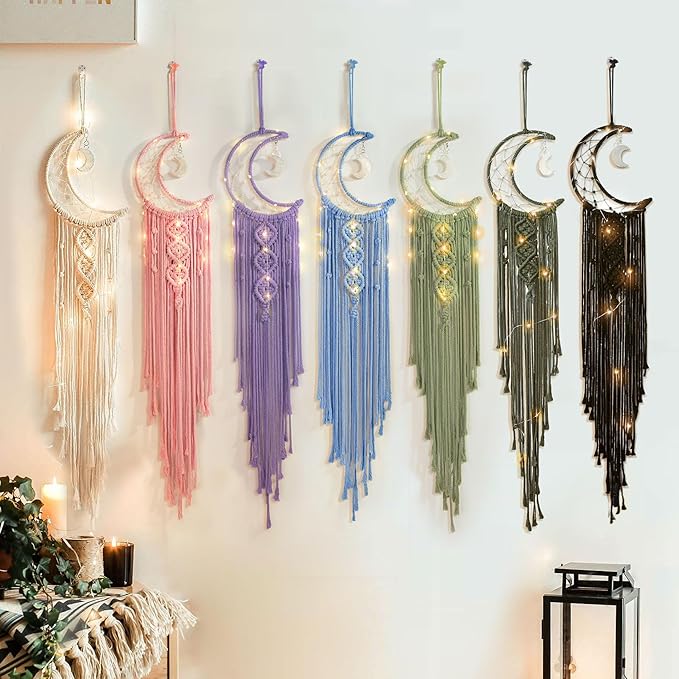 Boho Macrame Woven Wall Hanging for Girl, Crochet Crescent Moon Star Dream Catcher with Light, Purple Cotton Handmade Bohemian Home Decor Decoration for Kids Nursery Bedroom Dorm Room