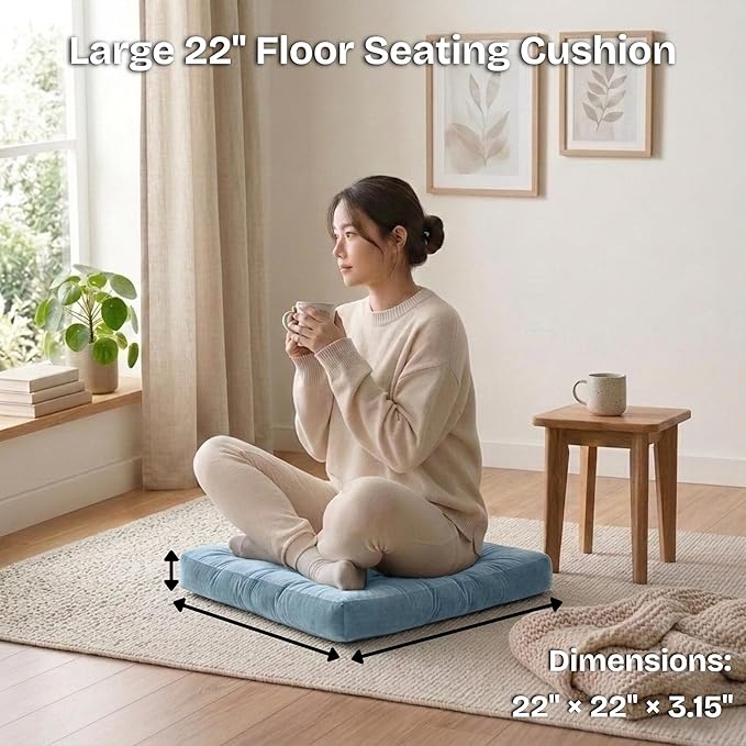 Meditation Floor Pillow Set of 2, Large Velvet Floor Pillows for Sitting, Tufted Floor Seating Cushions for Adults, Big Pillows for Yoga & Living Room, 22x22 Inch, Blue