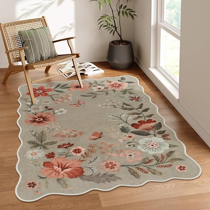 Lahome Floral Washable Rugs for Bedroom, 4X6 Area Rug Ultra-Thin Soft Living Room Rug, Non-Slip Classroom Stain Resistant Lightweight Boho Low-Pile Throw Carpet for ‎Office Flore, Brown