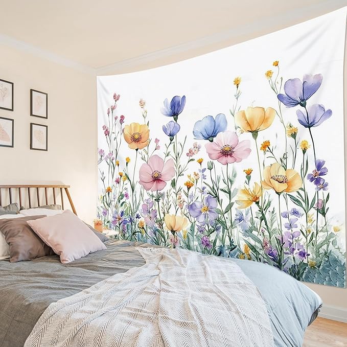 LB Aesthetic Flower Tapestry Rustic Colorful Floral Green Plant Wall Tapestry Nature Wildflower Botanical Tapestries for Bedroom Living Room College Dorm Wall Decor,78Wx60H inches