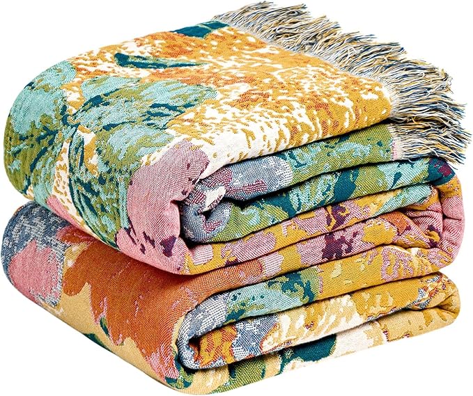 Boho Throw Blanket for Bed Cotton Spring Blankets for Bedroom Living Room All Season Lightweight Floral Embroidery Reversible Twin Quilt for Couch Sofa Chair 60"x80" Home Decor