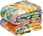 Boho Throw Blanket for Couch Sofa Chair Cotton Spring Blankets for Bedroom Living Room All Season Soft Lightweight Reversible Floral Embroidery Breathable Decorative Throws 50"x60"